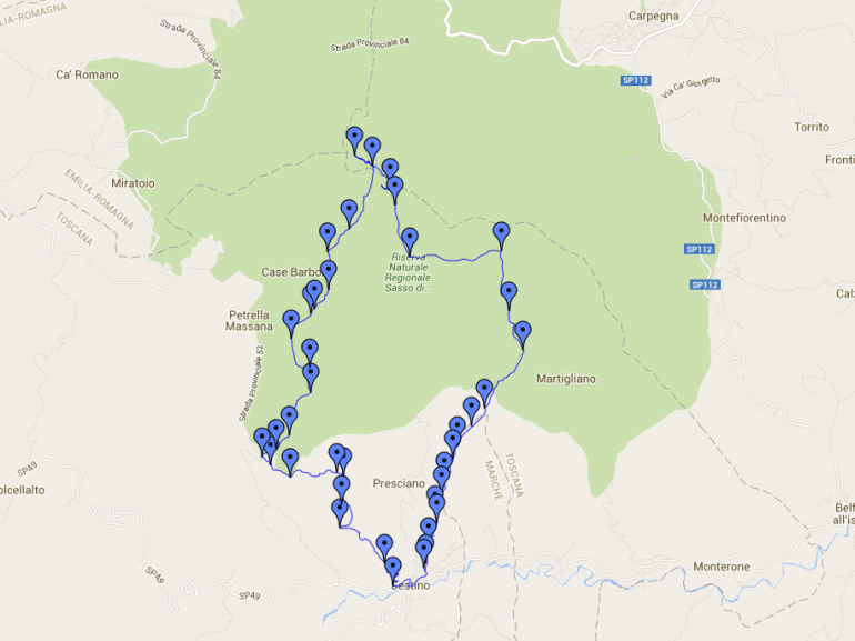 Mappa dell'itinerario nel Parco Naturale del Sasso Simone e Simoncello con partenza da Sestino