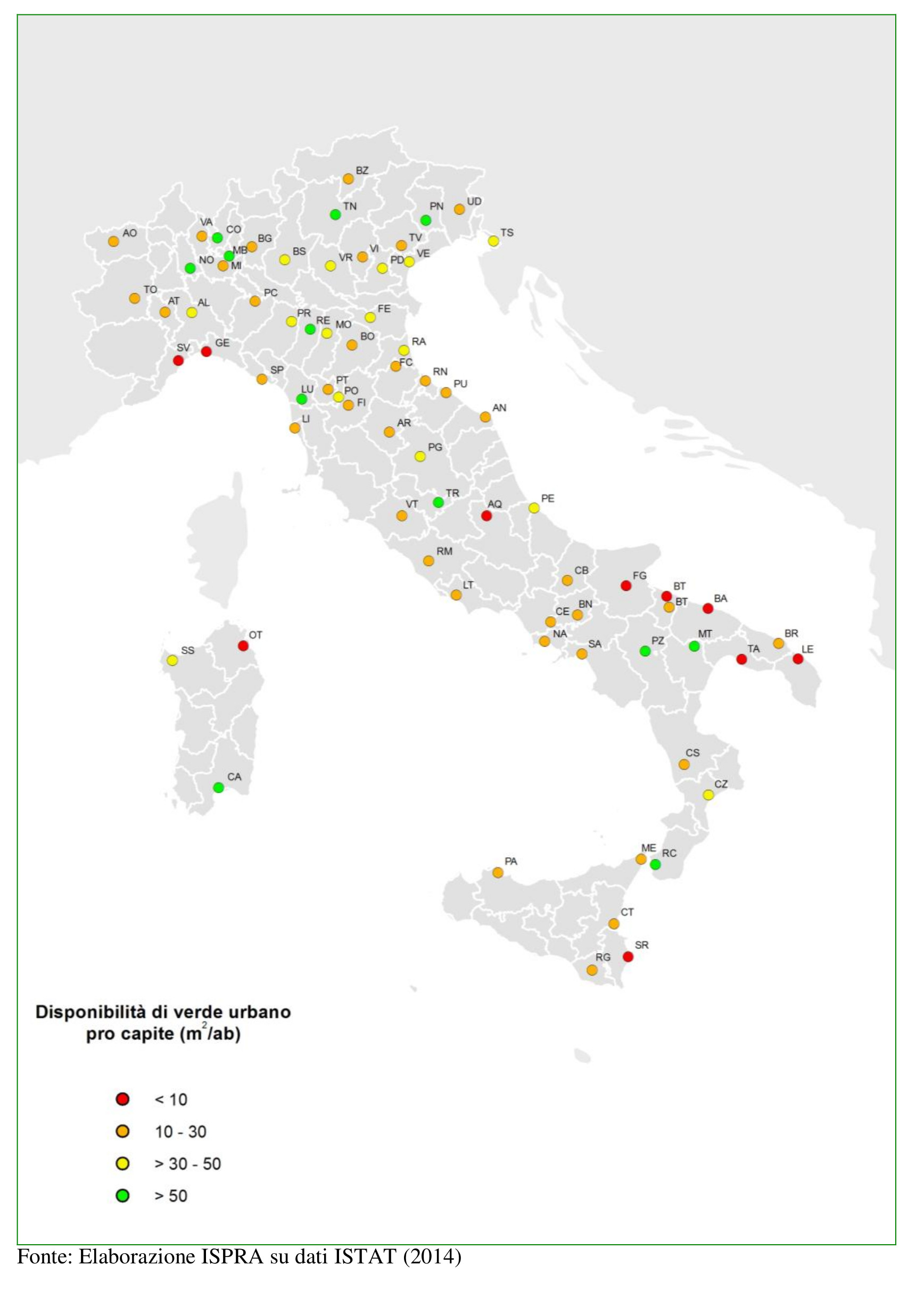 Disponibilità di verde pro capite nelle varie città Italiane, secondo il Documento di ISPRA 2014
