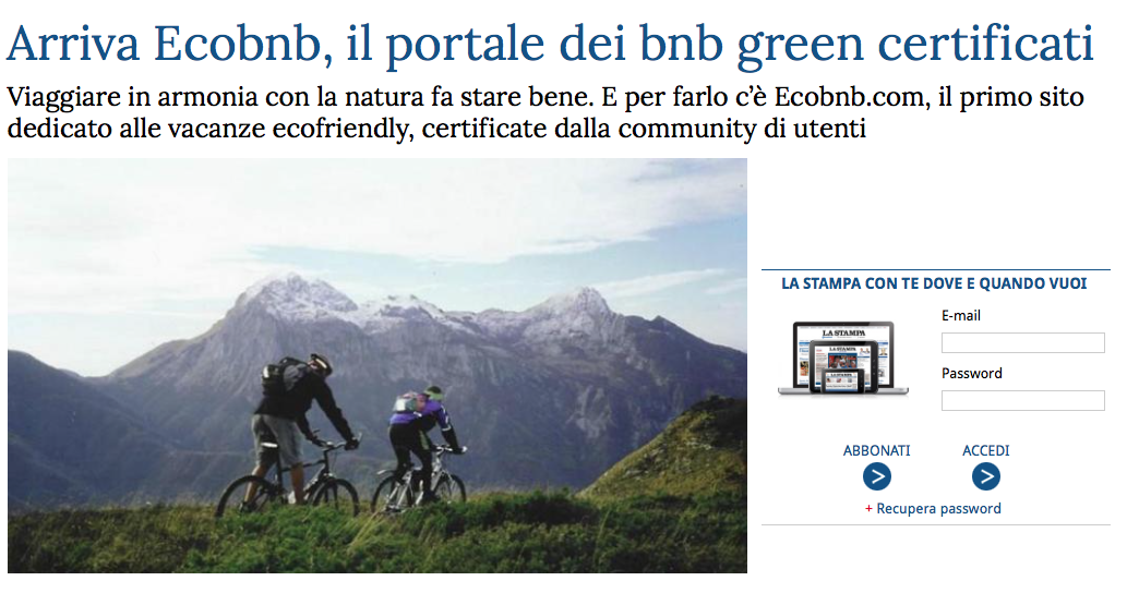 Su La Stampa Arriva Ecobnb, Il Portale Dei BnB Green - Ecobnb