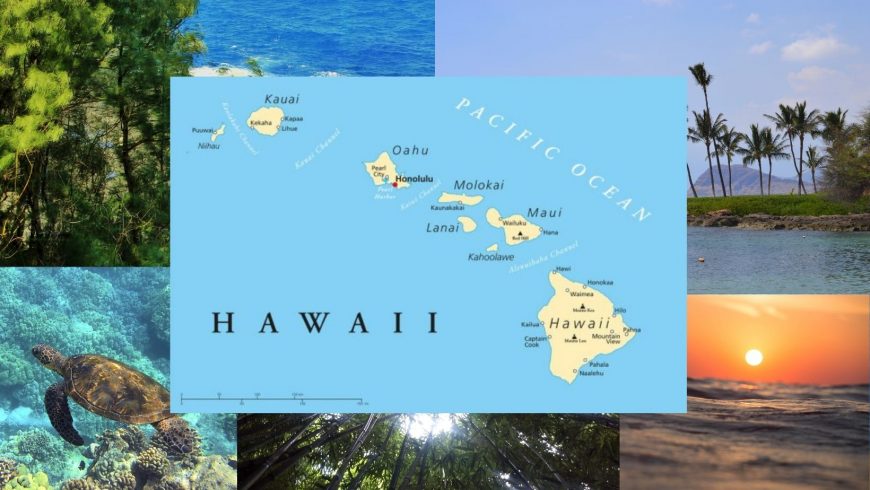 Hawaii map and Coloured Beaches across the Hawaiian Islands