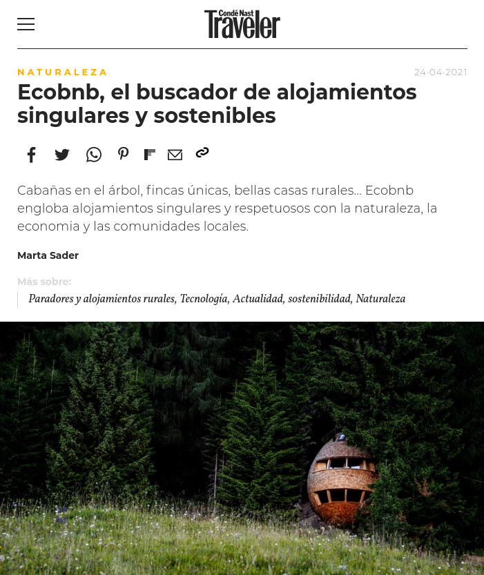 Articolo scritto nella rivista, intitolato Ecobnb, il motore di ricerca di alloggi unici e sostenibili