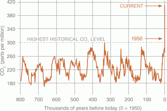 il grafico mostra l'aumento dei livelli di co2 fino al picco storico iniziato con la rivoluzione industriale e in aumento ancora oggi
