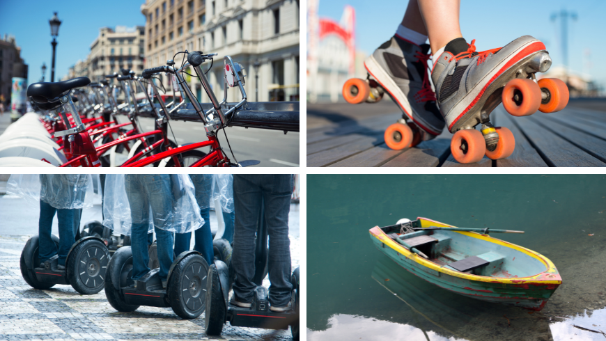 Fotos de bicis, patines, segway y un barco