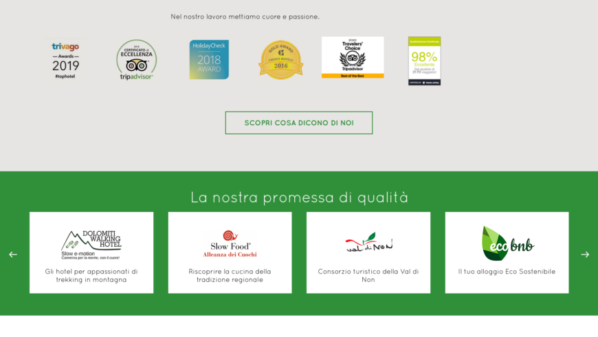 Warranties of sustainability and quality on the website of the eco-hotel Pineta