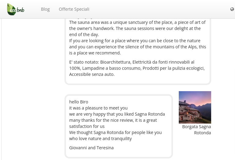 Interact with guests and answer to their reviews is important. Example of a positive feedback on Ecobnb