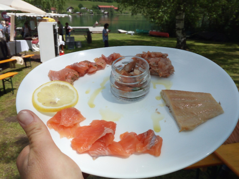 Un piatto tipico di pesce, al centro del piatto un assaggio di pesce pescato nel lago di Weissensee condito con olio e limone