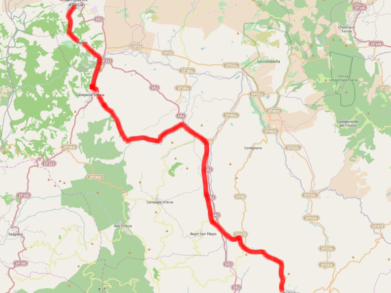 Mappa del sentiero da San Quirico d'Orcia a Radicofani a piedi, lungo la via Francigena