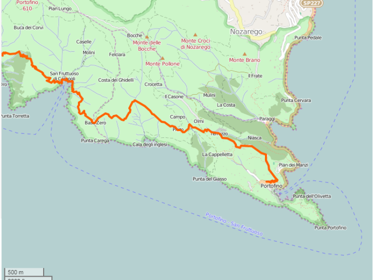 Mappa dell'itinerario San Fruttuoso - Portofino