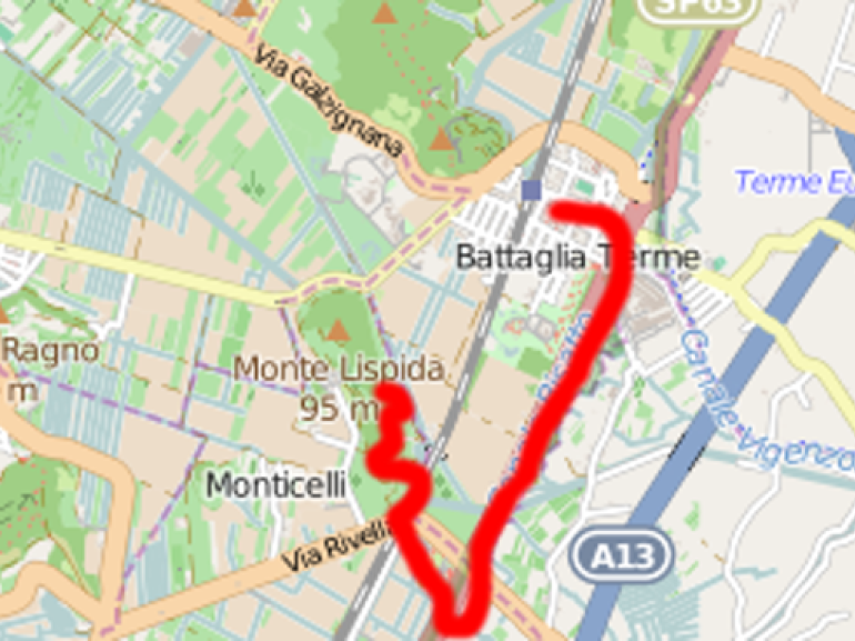 Mappa del percorso campestre che conduce da Battaglia Terme fino a Lispida