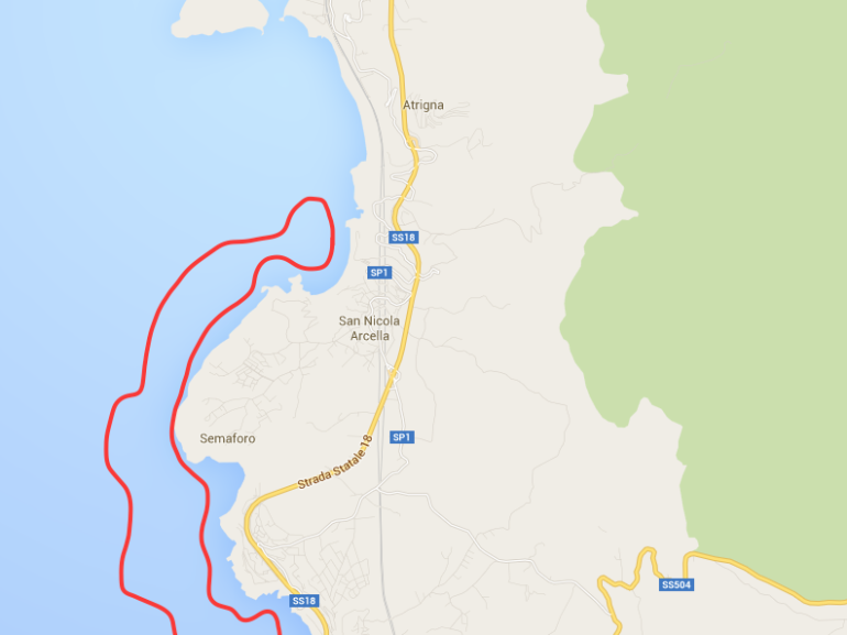 Mappa dell'itinerario dall'Arco Magno di San Nicola Arcella alla Torre Crawford: un giro in canoa in Calabria