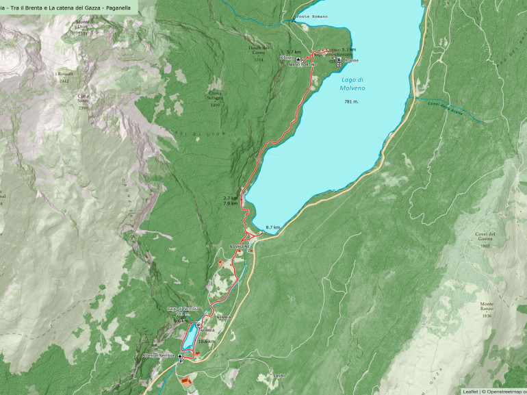 Mappa dell'itinerario a piedi dal Lago Nembia al lago di Molveno