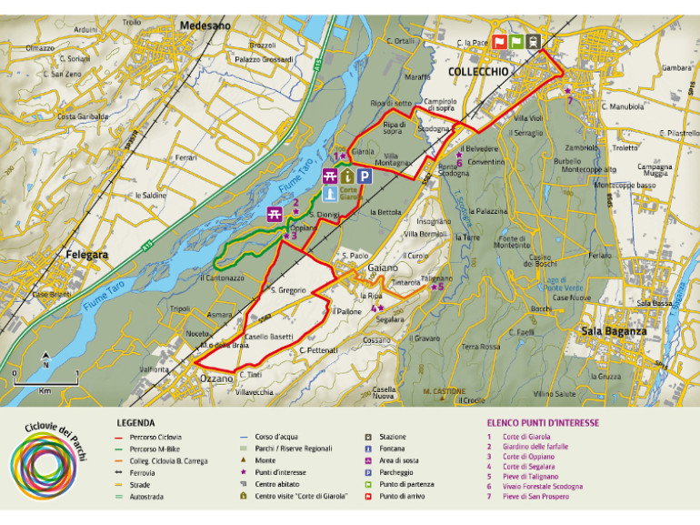 Mappa dell'itinerario in bici nel Parco Naturale del Taro, Collecchio, Parma, Emilia Romagna
