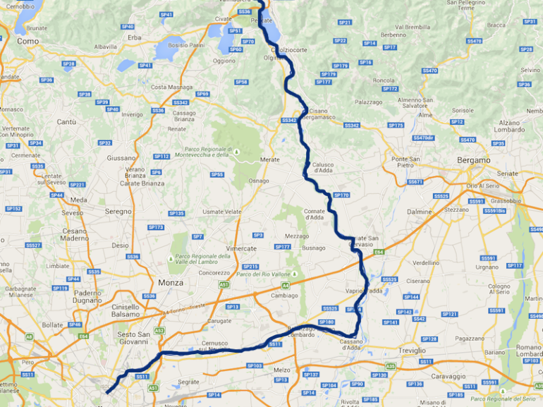 Mappa dell'itinerario: da Milano a Lecco in bici