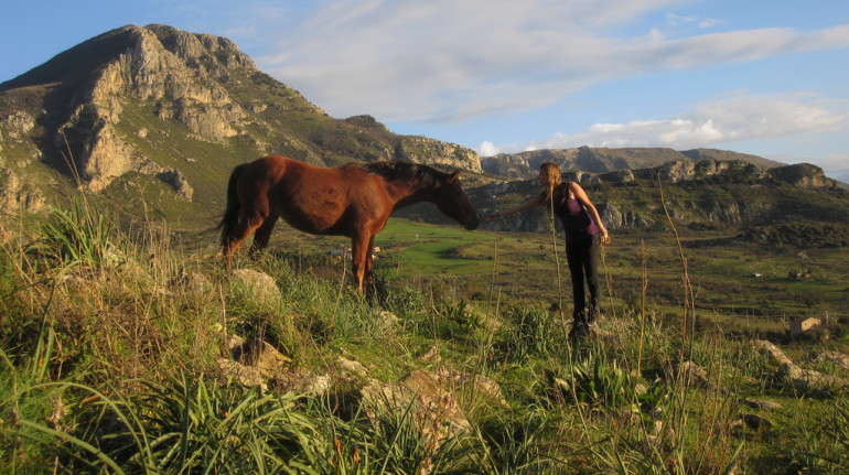 una ragazza accarezza un cavallo. Sullo sfondo boschi e montagne