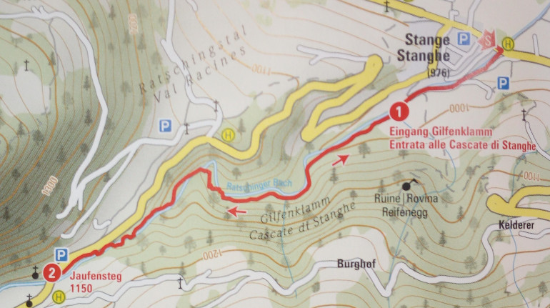 Mappa: itinerario alla scoperta delle Cascate di Stanghe