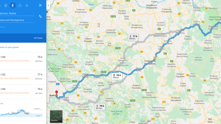 Mappa dell'itinerario da Donji Milanovac a Rudo