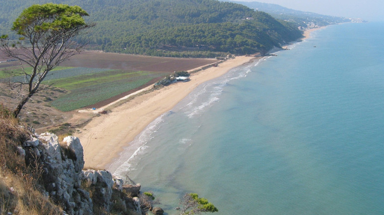 Una spiaggia sabbiosa nelle zone del gargano, circondata da scogliere rocciose